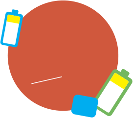 Rote Kreisfläche mit stilisierten Batterie- und Akku-Icons in Blau, Grün und Gelb