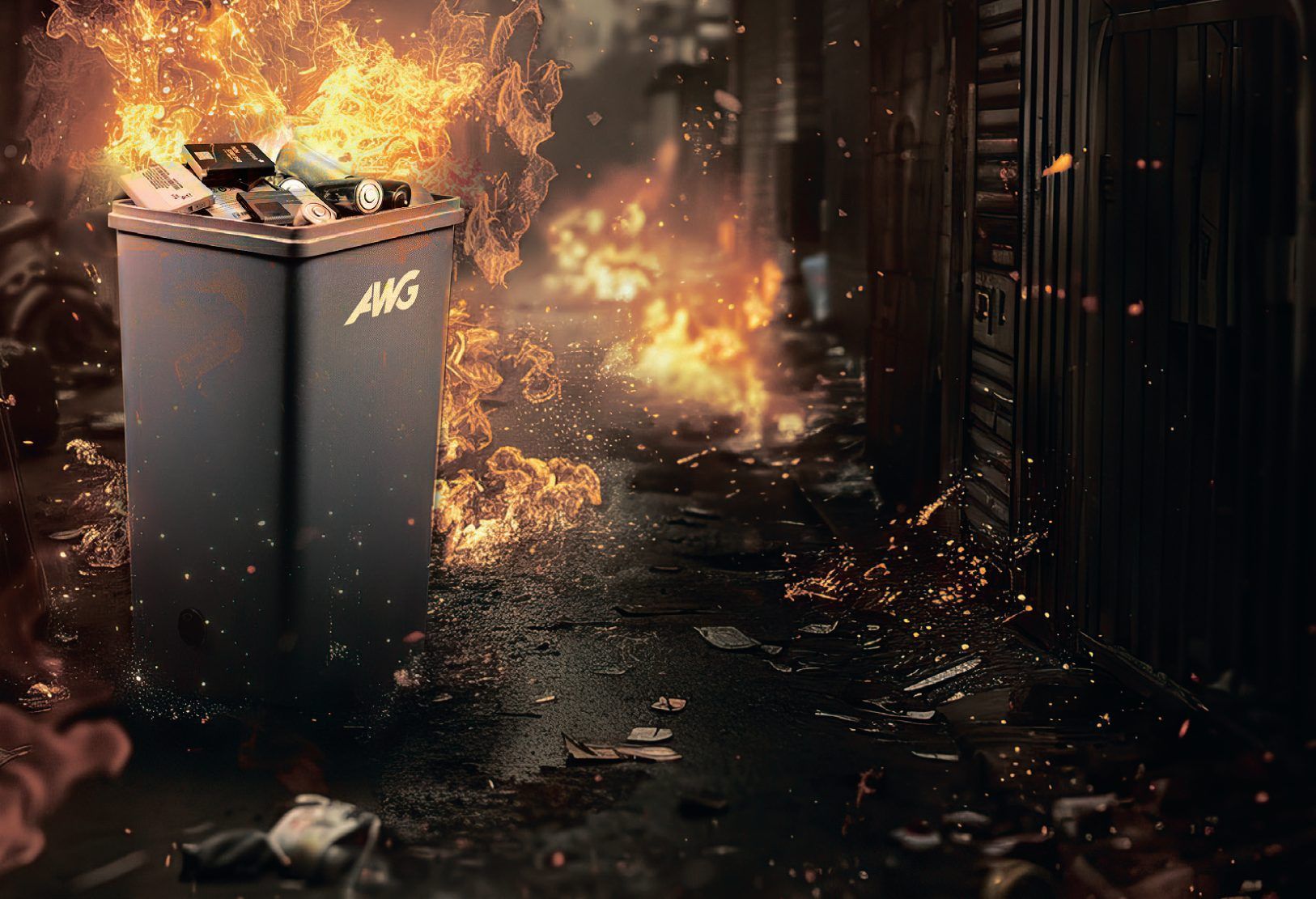 Brennende AWG-Mülltonne mit Altbatterien in dunkler Gasse, Flammen und Funken