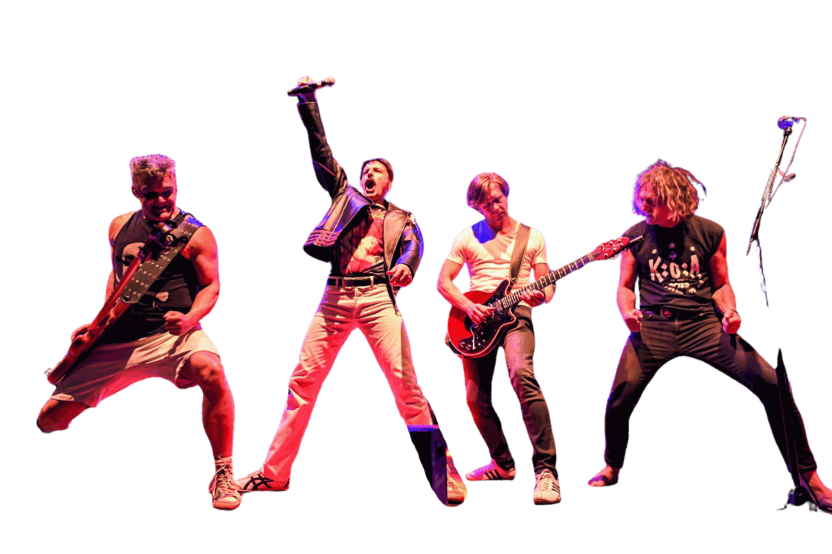 Vier Musiker der Mercury Queen-Tributeband spielen energetisch auf der Bühne