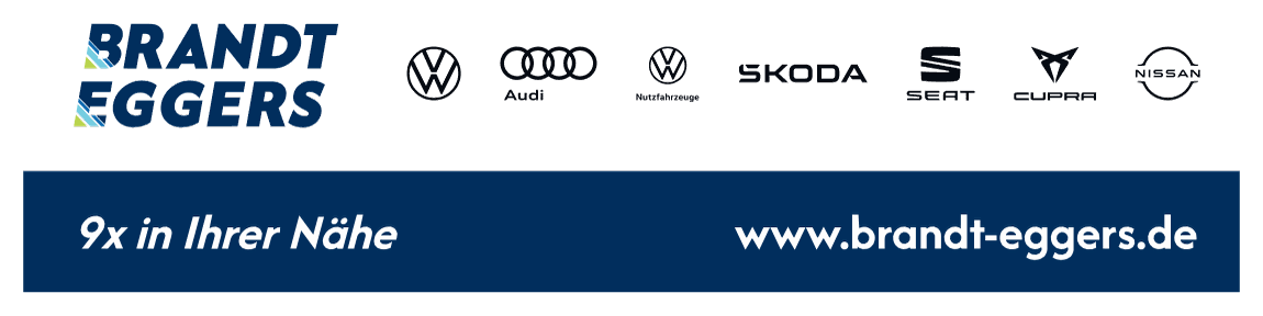 Logo Brandt Eggers mit Markenlogos VW, Audi, Škoda, SEAT, CUPRA, Nissan und Claim 9x in Ihrer Nähe
