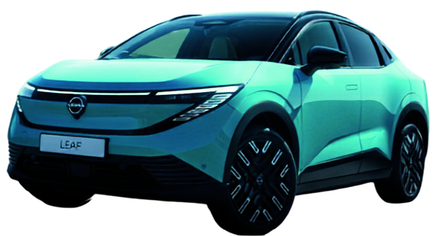 Türkisfarbener Nissan LEAF Elektro-SUV in Dreiviertelansicht von vorne links