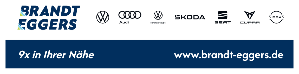 Logo Brandt Eggers mit den Markenlogos Volkswagen, Audi, Skoda, Seat, Cupra und Nissan