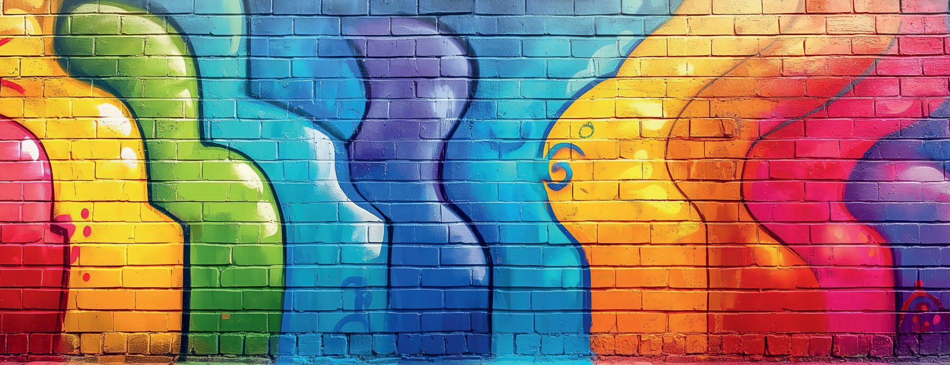 Buntes Graffiti auf einer Backsteinmauer in Regenbogenfarben, breites Panoramaformat