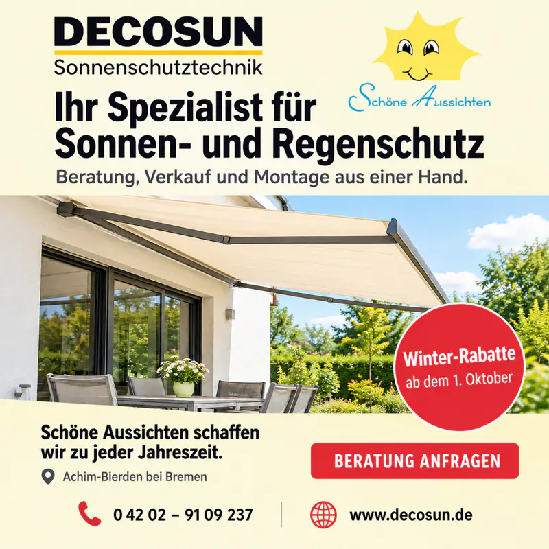Anzeige fuer DECOSUN Sonnenschutztechnik – Ihr Spezialist für Sonnen- und Regenschutz in Achim bei Bremen