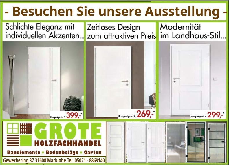 Anzeigenmotiv Grote Ausstellung mit drei weißen Innentüren und Preisen