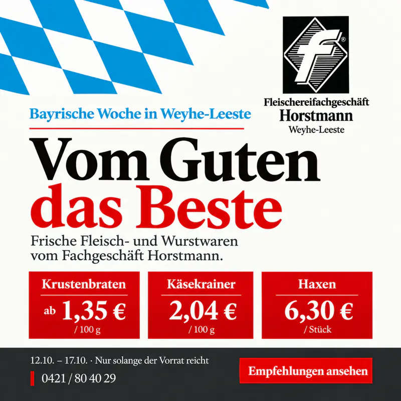 Anzeige fuer Fleischereifachgeschäft Horstmann Weyhe – Empfehlungen 12.10. bis 17.10.