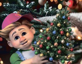 Comic-Junge mit pinker Kappe trägt einen geschmückten Weihnachtsbaum