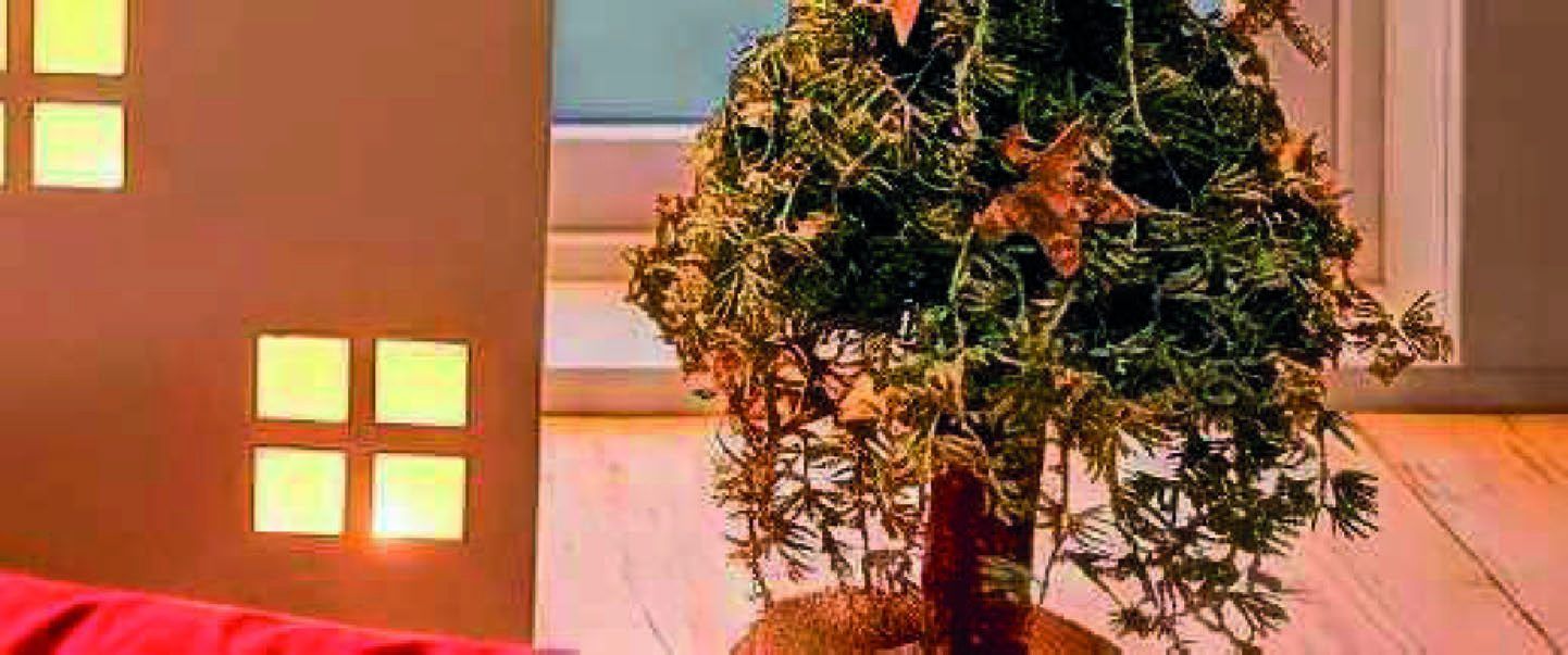 Dekorierter Mini-Tannenbaum mit Holzsternen vor beleuchtetem Deko-Haus