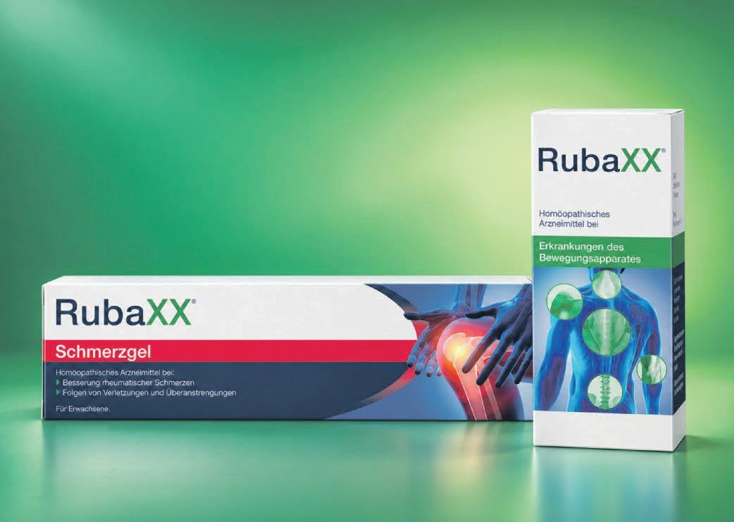 RubaXX Key Visual: Schmerzgel und Arzneitropfen vor gruenem Hintergrund
