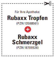 Gestrichelter Coupon mit Schere-Symbol und Hinweis auf RubaXX Tropfen und RubaXX Schmerzgel mit PZN-Nummern für die Apotheke
