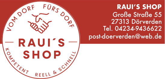 Rundes Logo RAUI'S SHOP mit Handschlag und roter Kontaktblock mit Adresse Dörverden