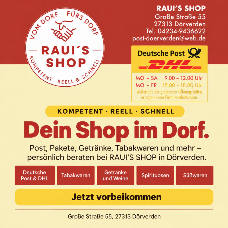 Anzeige fuer RAUI'S SHOP Dörverden – Postfiliale, Tabakwaren, Getränke & Weine