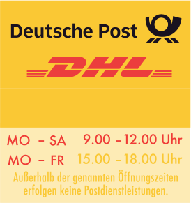 Infobox mit Logos von Deutsche Post und DHL sowie den Kernöffnungszeiten der Postfiliale
