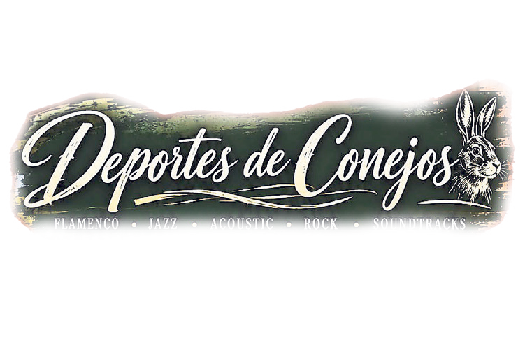Holzschild mit Schriftzug Deportes de Conejos, Hasenkopf und Genres Flamenco, Jazz, Acoustic, Rock