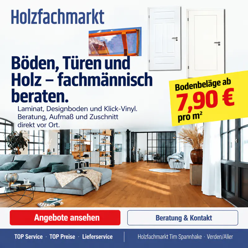 Anzeige fuer Holzfachmarkt Tim Spannhake – Böden, Türen, Bauholz & Terrassen in Verden