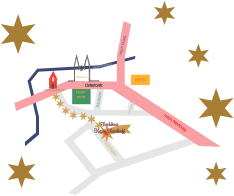 Stilisierte Anfahrtskarte Buecken mit Strassenverlauf, Standortmarkierung und goldenen Sternen