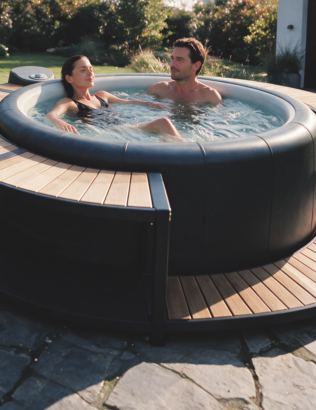 Paar entspannt in einem runden Whirlpool mit Holzdeck auf einer Terrasse im Garten