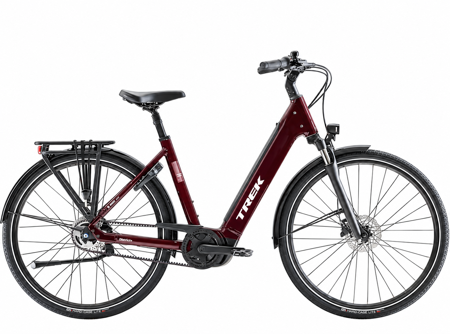 Dunkelrotes Trek District+ 4 Lowstep E-Bike in Seitenansicht
